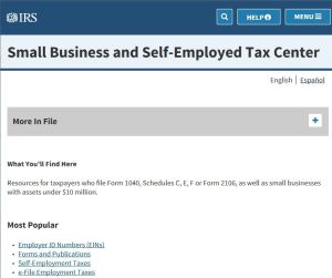 Screen shot of IRS Small Business and Self-employed Tax Center