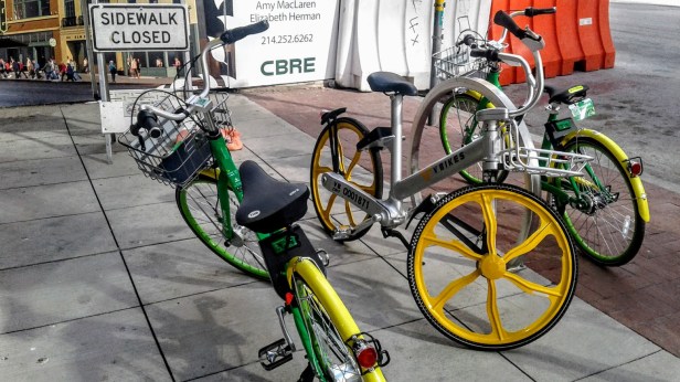 Social bikes on sidewalk in Downtown Dallas
