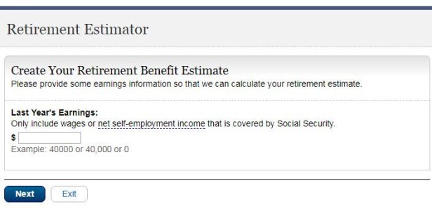 Screen shots of required fields on ssa.gov retirement estimator